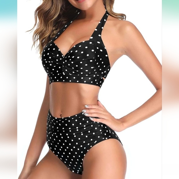 Tempt Me Women's Polka-dot Swimsuit Retro Halter Ruched High Waist Bikini L - Picture 3 of 10